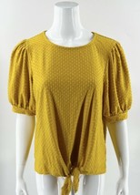 Ava James Top Size M Yellow Gold Swiss Dot Puff Shoulder Half Sleeve Tie Front - £18.68 GBP