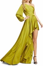 Mac Duggal 49141 One-Shoulder Long Sleeve Satin High/Low Gown SZ 8 Chartreuse - £184.98 GBP