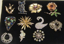 Vintage Brooch Lot Rhinestones birds flowers owl signed - £76.55 GBP