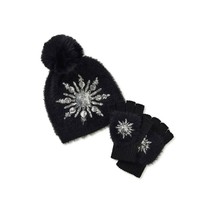 Holiday Time Women&#39;s Black Stylish Sequined Snowflake Hat and Gloves Set 2-Piece - £10.49 GBP