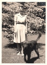 VINTAGE 5&quot; X 7&quot; PHOTOGRAPH SMILING LADY IN YARD WITH FAMILY DOG 1940&#39;S - $8.90