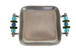 Vintage metal square small tray blue &amp; green Lucite handle accents - £15.97 GBP