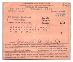 Pennsylvania Beauté Culture Opérateur Cosmetology Licence Carte 1960&#39;s - $33.65