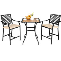 Costway 3 Pcs Patio Bar Stool Square Table Bistro Set Cushioned Chairs Armrest - £380.99 GBP