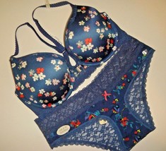 NWT aerie racerback 36C BRA SET M panty NAVY blue white red floral lace ... - $59.39