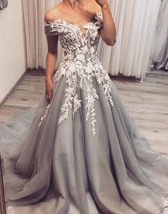 Off the Shouder Light Gray Tulle Court Train Prom DResses with Appliques... - $159.00