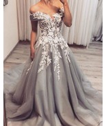 Off the Shouder Light Gray Tulle Court Train Prom DResses with Appliques... - £127.87 GBP