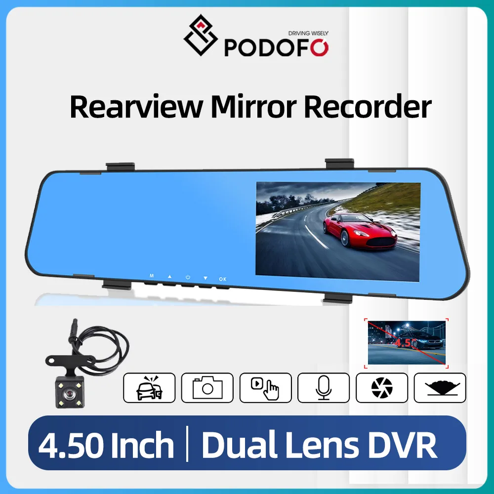 Podofo 4.5 inch Car DVR Dual Lens Recorder Rear View Mirror Car Dashboard Camera - £36.73 GBP