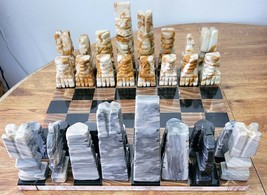 Vintage Stone Marble Chess Set Hand-Carved Figures - Black Brown 14&quot; Board HEAVY - £45.39 GBP