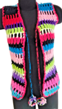 1970s Handmade Vest Colorful Large Mesh Hand Knit Top Retro Pom Pom Gran... - $18.00