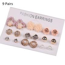 12/ 9 Pairs/Set Pearl Crystal Studs Earrings Women&#39; Girls Elegant Rose Heart Ear - £9.31 GBP