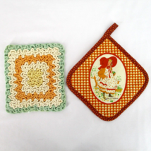 Holly Hobbie Gingham Check Orange &amp; Hand Crochet Vintage Square Pot Holder - £8.68 GBP