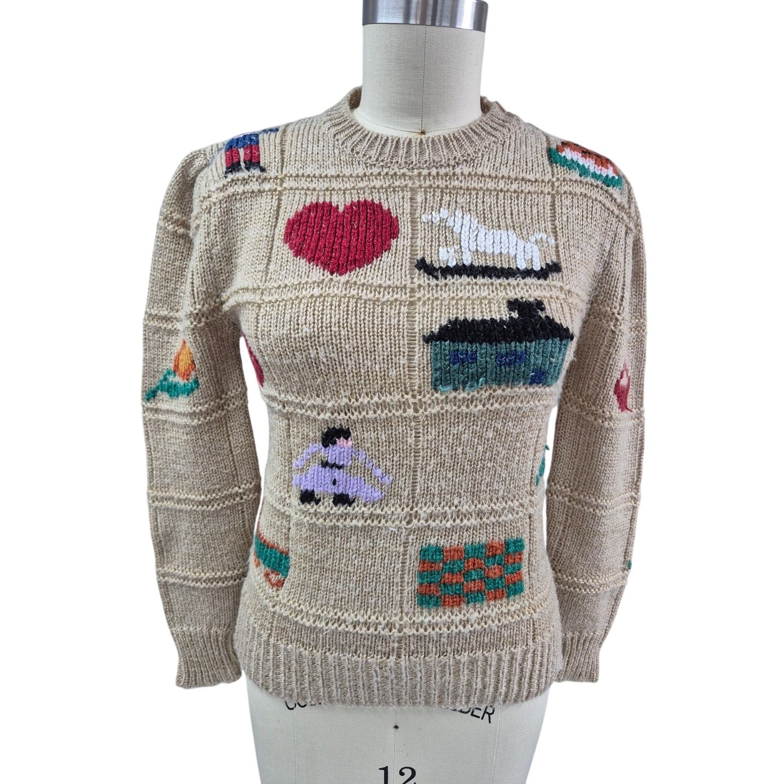 Vtg 80s 90s Fairy Kei Sweater Ricki Tan Hearts Fruit Intarsia 100% Acryl... - £65.53 GBP