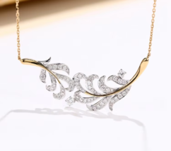 3Ct Round Real Moissanite Feather Necklace Pendant 14K Two-Tone Gold Plated - £260.59 GBP