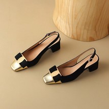 Genuine Leather Pumps Women Brand Mixed Color Metal Decor Bow Shoes Block Medium - £91.41 GBP