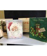 3 Retro Vintage Christmas Cards w/ Postage Box. Candle w/ holly, Santa, Rosary - $16.82