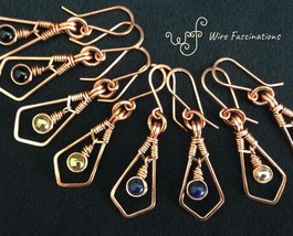 Handmade copper earrings: long diamond framed dangling wire wrapped roun... - £23.23 GBP