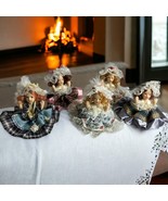 Linea Dolly Set Of 5 Miniature Porcelain Dolls Sitting Lace Floral Plaid... - $32.73