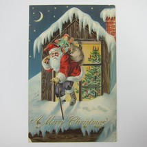 Vintage Christmas Postcard Santa Toy Sack Snow Roof Window Moon Embossed Antique - £15.97 GBP