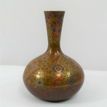 Vintage Brass Vase Marked India 1048 AJ Benares Enamel Etched 6&quot; - £30.44 GBP