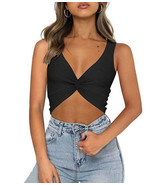 Medium Ribbed Black Twist Tie Front Tank Top NWT Cropped - £6.79 GBP