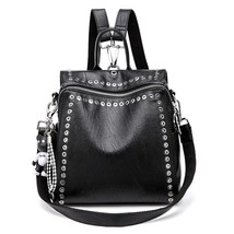  Women PU Leather Backpack Rivet Multifunctional  Bag Female Retro Travel Bag Te - $173.59