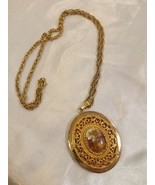Vintage Romantic French Locket Gold-Tone Filigree around Center with Chain - £38.95 GBP