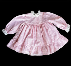 Vintage Baby Dress Pink White Ditsy Floral Lace Long Sleeve Prairie Size 18 Mo - £11.15 GBP