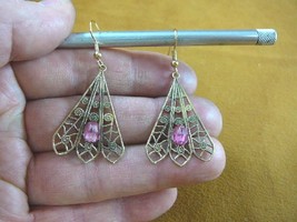 (EE-792-16) filigree fan brass + faceted pink rhinestine crystal dangle earrings - £12.42 GBP