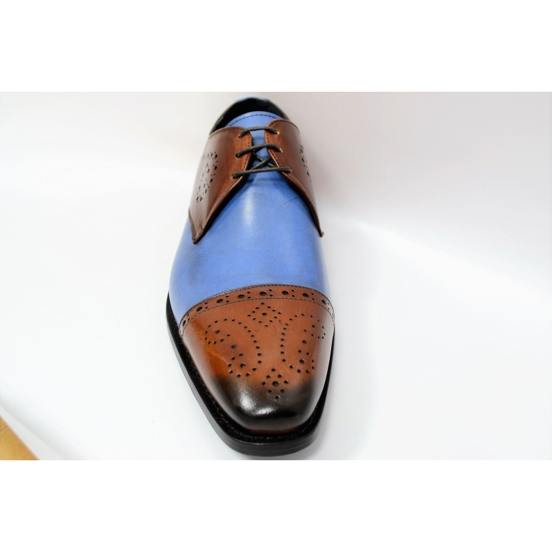 Men Brown Blue Burnished Brogue Cap Toe Genuine Leather Handcrafted Laceup Shoes