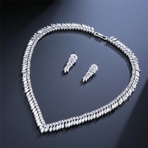 Luxury Cubic Zircon Leaf Shape Necklace Earrings Jewelry Set for Women Bride Eng - £43.78 GBP