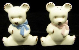 Vintage SALT/PEPPER Shakers Teddy Bears w/ Blue &amp; Pink Bows - £7.90 GBP