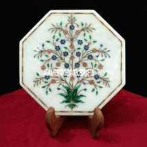 12&quot; White Marble Tiles Floral Inlay Marquetry Dish Plate Collectible Gif... - £489.18 GBP