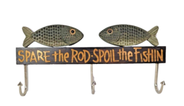Spare the Rod Spoil the Fishin 3 Hook Wall Hanger Wood Plaque Fishing Si... - $16.80