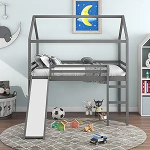 Merax Modern Solid Wood Junior Full Loft Bed with Slide House Shaped Low... - $798.99