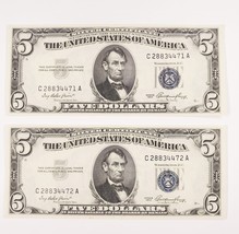 1953 $5 Silver Certificate Lot of 2 Consecutive in Choice Uncirculated C... - $94.04