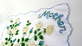 Mid Century Blue &amp; White Rose Bouquet MOTHER Handkerchief Green Leaves Blue Trim - £11.73 GBP