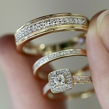 1.12CT His/Her Simulated Diamond Trio Ring Set 925 Sterling Silver Gold Plated - £96.19 GBP