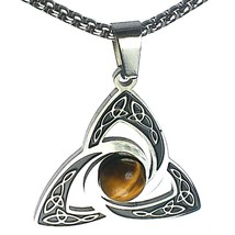 Celtic Triquetra Necklace Stainless Steel Synthetic Tigers Eye Trinity Pendant - £15.84 GBP