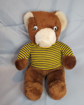 Vintage Elka Brown Teddy Bear Googly Eyes Yellow Black Striped Shirt 14 inch - £31.80 GBP