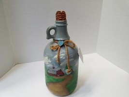 Hand Painted Glass bottle Jug Folk Art Farm Scene With Corn Cob Plug - $40.00