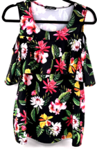 Slinky Brand Top Tunic Cold Shoulder Ruffle Size XS Black Floral Stretch - £11.66 GBP