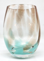 Anthropologie BLUE &amp; GOLD WATERCOLOR Art Glass Stemless Wine Glass - £13.45 GBP