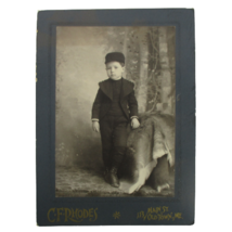 Little Boy Fancy Button Suit Boots Hat on Fur Cabinet Card CF Rhodes Old Town ME - £15.84 GBP