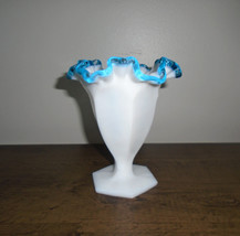 Fenton Aqua Crest Milk Glass Ruffled Top 6&quot; Vase Vintage 1941-1953 - £19.08 GBP