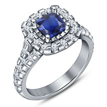 14K White Gold Finish Cushion Cut Sapphire Engagement And Wedding Bridal Ring - £53.69 GBP