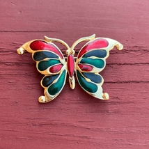 Colorful Bright Butterfly Gold Tone Brooch Pin Enamel Red Green - £10.16 GBP
