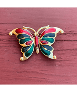 Colorful Bright Butterfly Gold Tone Brooch Pin Enamel Red Green - £10.10 GBP