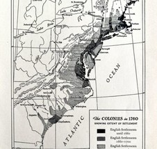 Map 1930 U.S. Colonies In 1760 5.5 x 9&quot; Settlement History Ephemera DWEE2 - £15.62 GBP