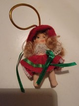 Vtg Porcelain Doll Christmas Ornament Mini Girl Green Dress Blond Hair Victorian - $14.40